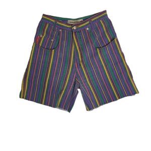 VINTAGE 90s rainbow stripe‎ high rise cutoff midi length denim shorts S
